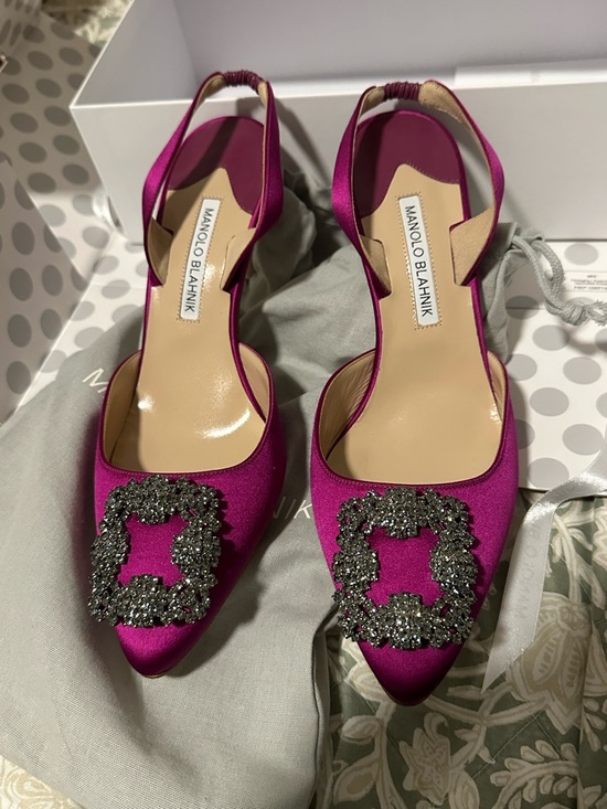 Manolo Blahnik Shoes - Manolo Blahnik Hot Pink Satin Slingback Pumps with Crystal Square Buckle
